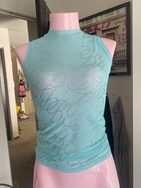 Babyphat Sheer Light Aqua Sleeveless Rhinestone Tank Top